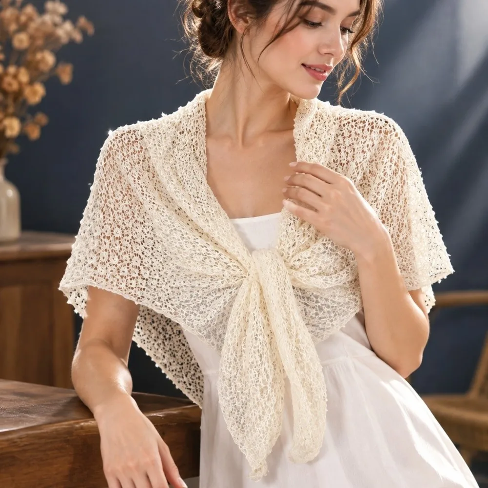 Fashion Hollow Out Knitted Shawl Breathable Thin Knit Triangle Wrap Solid Color Triangular Shape Scarf Coverup Sun Protection