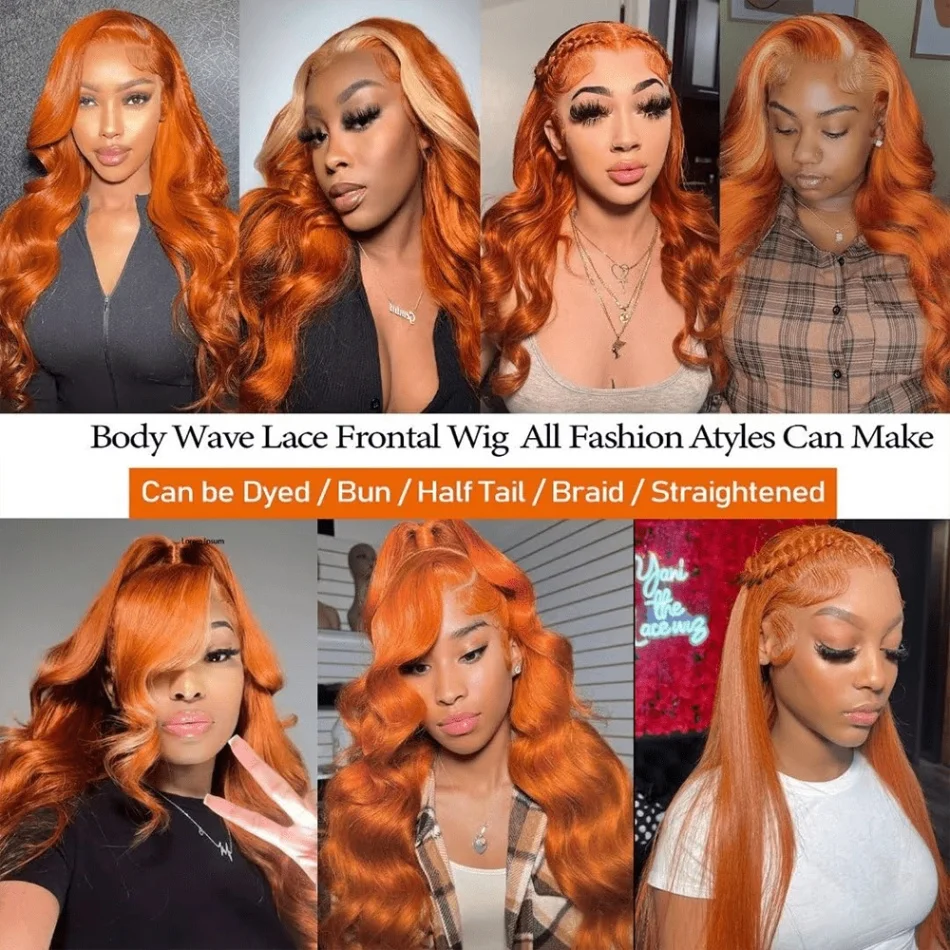 350 Ginger 13x4 HD Transparent Lace Front Wigs Human Hair Orange Colored Body Wave Lace Front Wig For Women 350 Color Wig Free Part Realistic Looking 30 Inch view 7