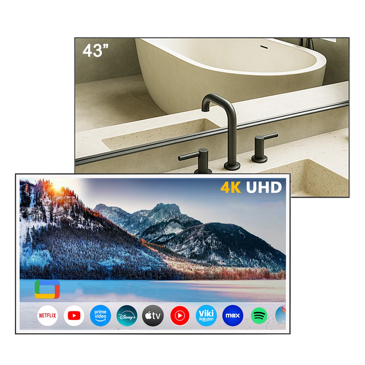 Souria 43 Inches Smart Mirror Large Screen Waterproof TV Goo-gle TV System Hotel Indoor Bathroom SPA Bluetooth WiFi DTV Tuner