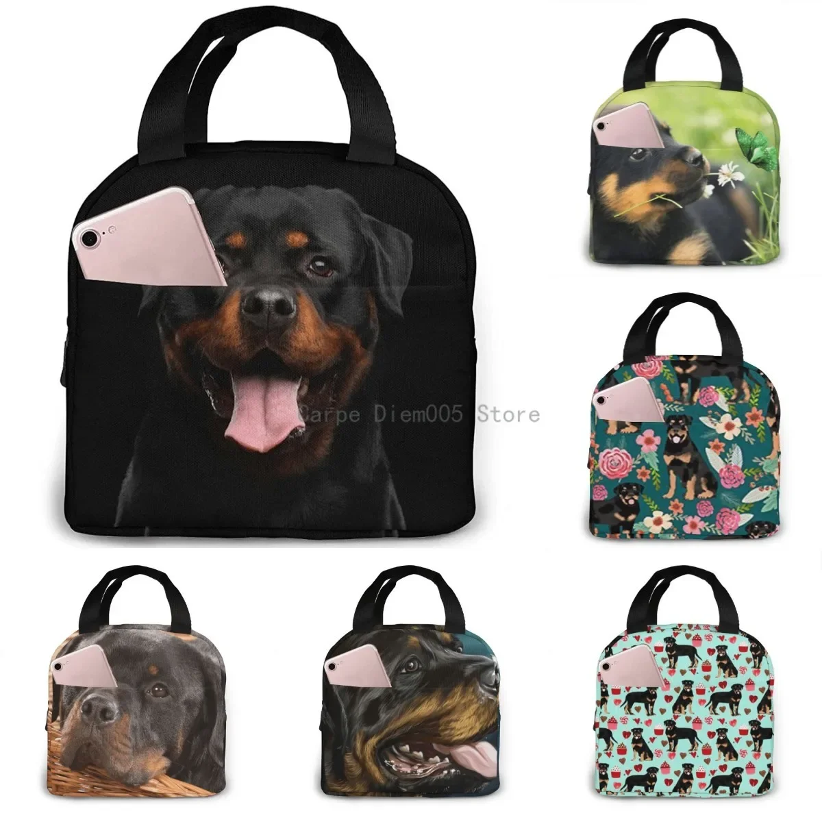 Rottweiler Dog Lunch Bag Insulated Lunch Box Waterproof Tote Bag Portable Bento Bag for Men & Women Work Picnic or Travel