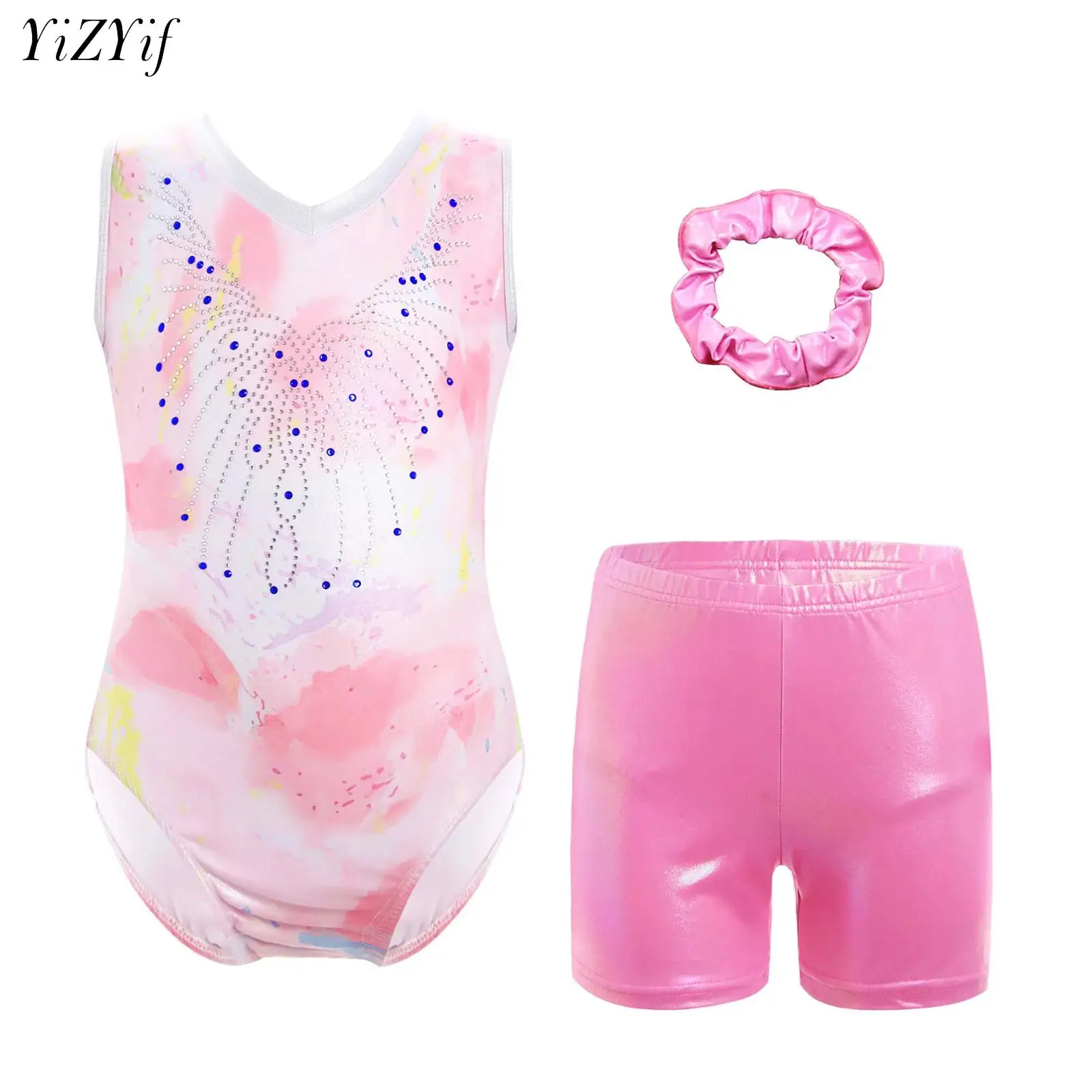 

Dance Ballet Girls Leotard With Body Shorts Hair Band Sleeveless Workout Outfits Bodysuit Gymnastics Clothes for Girls