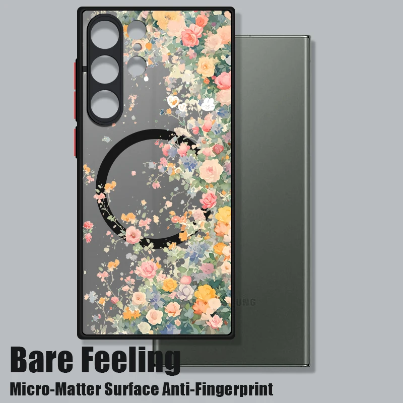 Magnetic Garden Flower Case For Samsung Galaxy S24 Ultra Capa S22 S23 Ultra S21 FE S25 Luxury Matte Clear Back Hard Cover Fundas