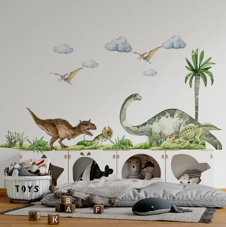 dinosaur wall decal big set, Jurassic World in boy room, dinosaur stickers, dinosaur wall art, kids wall sticker, dinosaur decor