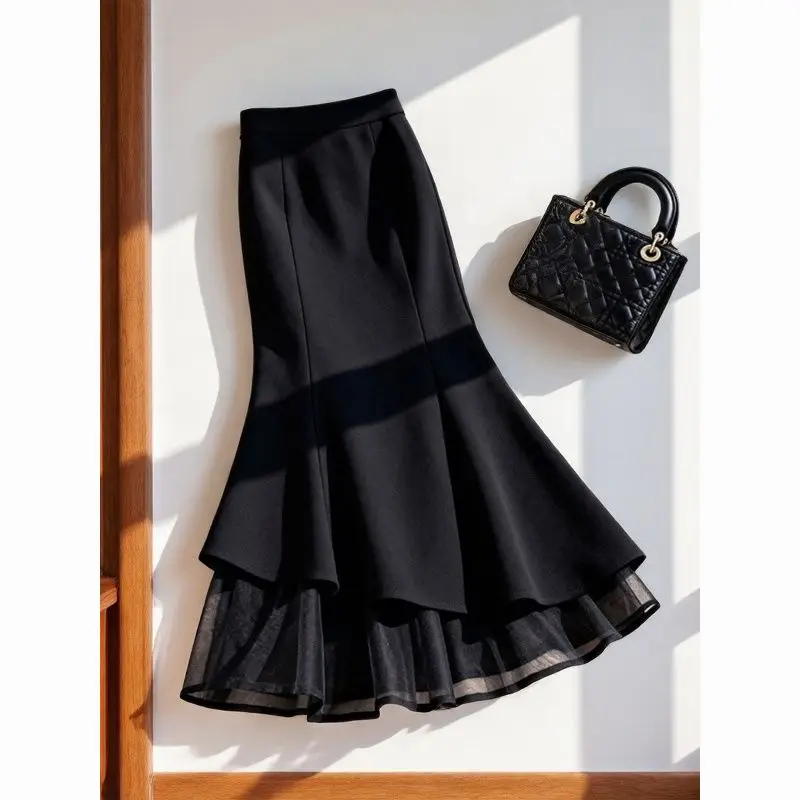 

New Fashion Spring Auutmn Mermaid Skirt Women High Waist Slim Fake Two Piece Patchwork Mesh Wrap Hip Mermaid Skirts Black