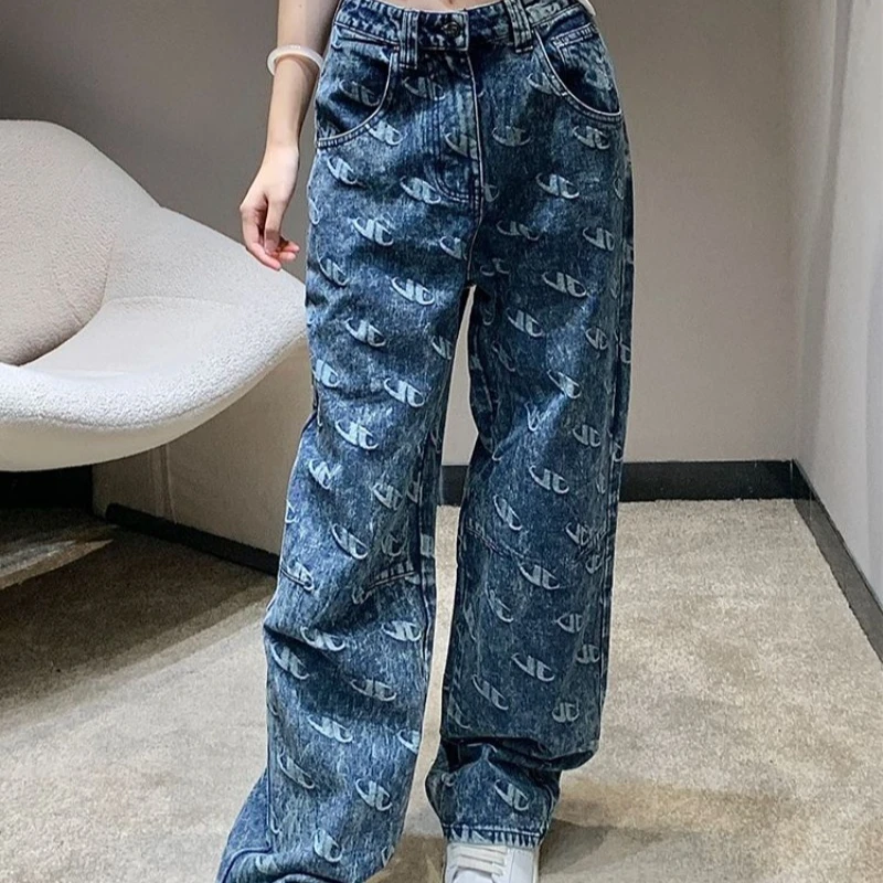 

Джинсы на заказ с буквенным логотипом, жаккардовые прямые широкие брюки в стиле ретро, повседневный наряд