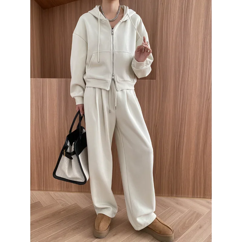 Women Gray Fashion Double Zipper Fashion Hooded Sweatshirt + Wide-leg Casual Pants Sports Suit Casual Basic Two Pice Lady Set