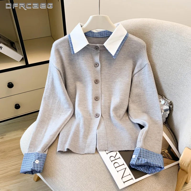 

College Style Retro Fake Two-Piece Knitted Cardigan Top For Women Long Sleeve Patchwork Korean Sweater Clothes