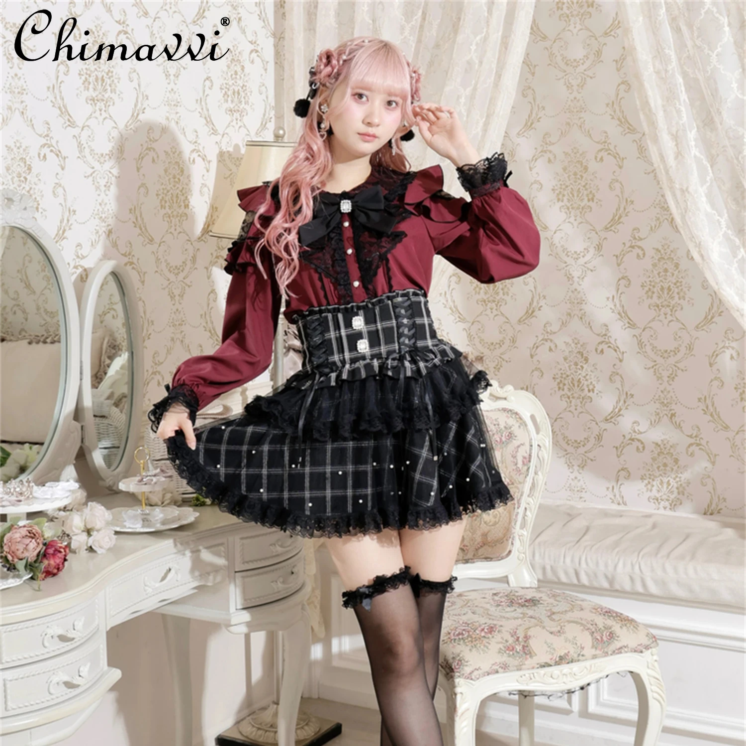 Blusa bonita de chica Lolita, otoño 2021, estilo japonés, nueva serie Mine, hombros descubiertos, manga larga, lazo de encaje, camisa dulce para niñas