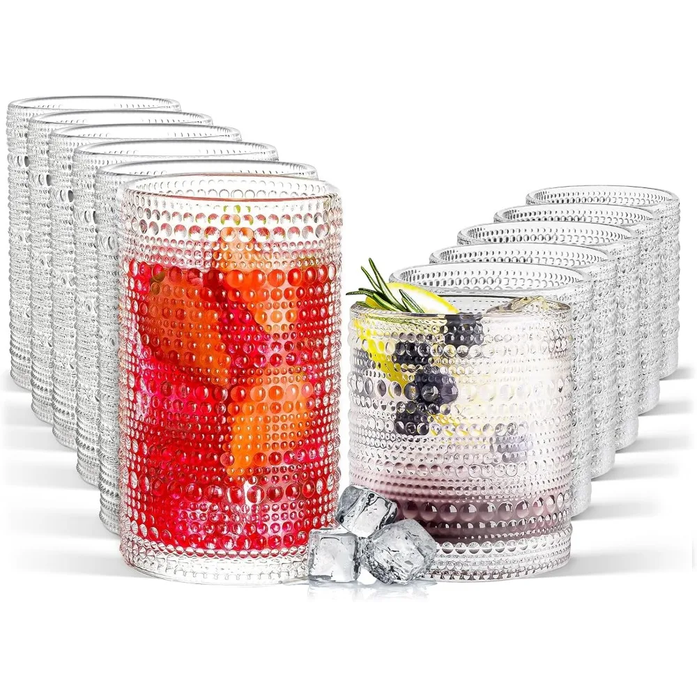 

Hobnail Drinking Glasses Set of 12, 11.8 oz Vintage Glasses Drinking Set & 10 oz Cocktail Glasses Set, Embossed Glass Cups for K