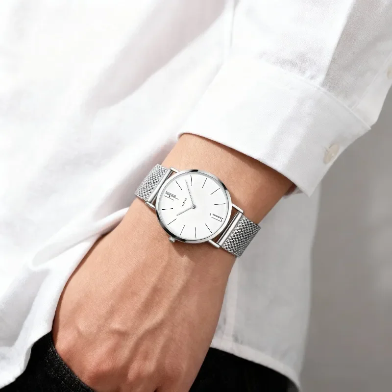 Minimalist Ultra‑Thin Men Watches Luxury Metal Mesh Strap Analog Quartz Wrist Watch Fashion Business Male Watch Montre Homme
