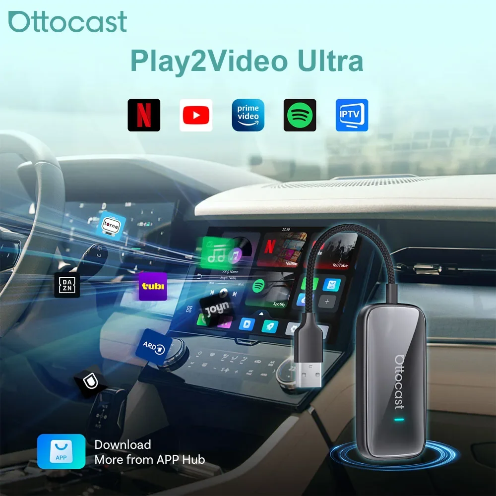 Ottocast Play2Video Ultra Ai Box Wireless CarPlay Android Auto Adapter Built in Youtube Netflix IPTV for Car with Wired Carplay