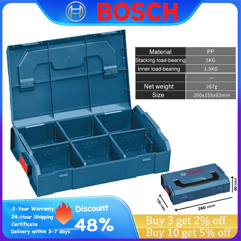 Bosch-Portátil Stackable Ferramenta Caso De Armazenamento, Anti-Drop Durável Toolbox, Multipurpose Toolkit, Toolbox Removível, 6 Compartimento Caixa