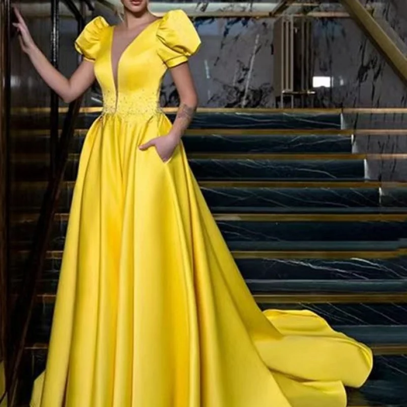 2024 Europe and America Border New Large Yellow LongHigh Waist Fashion Evening Dress