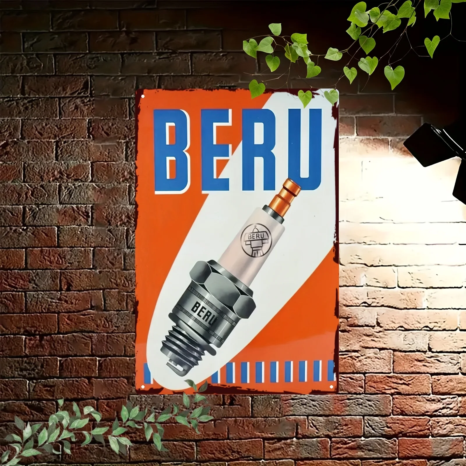 Beru Vintage Metal Wall Sign Durable Rustic Car Engine Spark Plugs Design, Traditional Bar Plaque Style for Home, Office, Club