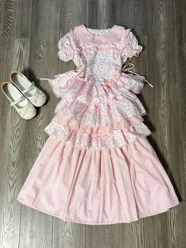 

Летний японский ретро-цветочный принт, комплект из 2 предметов, женские топы с воротником «Питер Пэн» + пышная мини-юбка с тортом, кавайные наряды в стиле Лолиты