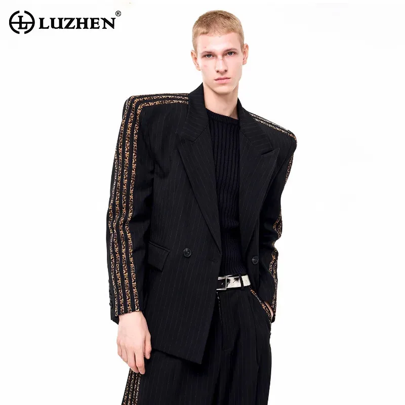 

LUZHEN Fashion Stripe Printed Double Breasted Handsome Blazer Coat Men's 2025 New Original Shoulder Pad Elegant Clothes JY4550