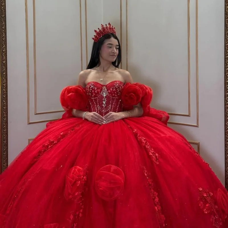 

Red Quinceanera Dress off-shoulder lace crystal decal 3D flower Long tail vestidos de 15 Quinceanera ﻿Customize