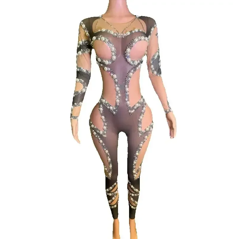 Nightclub  Dj Party Gogo Costume Fake Hollow Mesh Pearls Jumpsuit Women Pole Dance Clothing Singer Rave Outfit