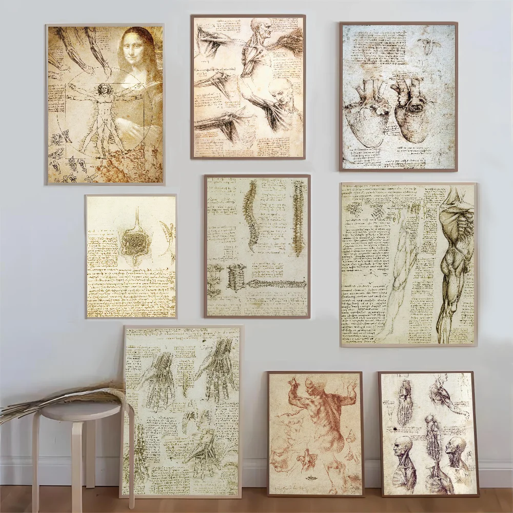Póster de papel blanco del hombre de Vitruvio Leonardo Da Vinci, póster de calidad HD, pintura artística de pared, decoración de pared de salón de estudio