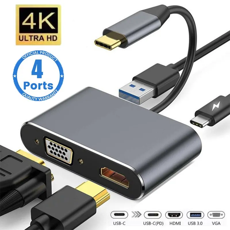 4 in 1 USB C Hub Multiport Adapter Docking Station Type C to 4K HDTV VGA 100W PD Fast Charge Splitter for MacBook Pro/Air Laptop