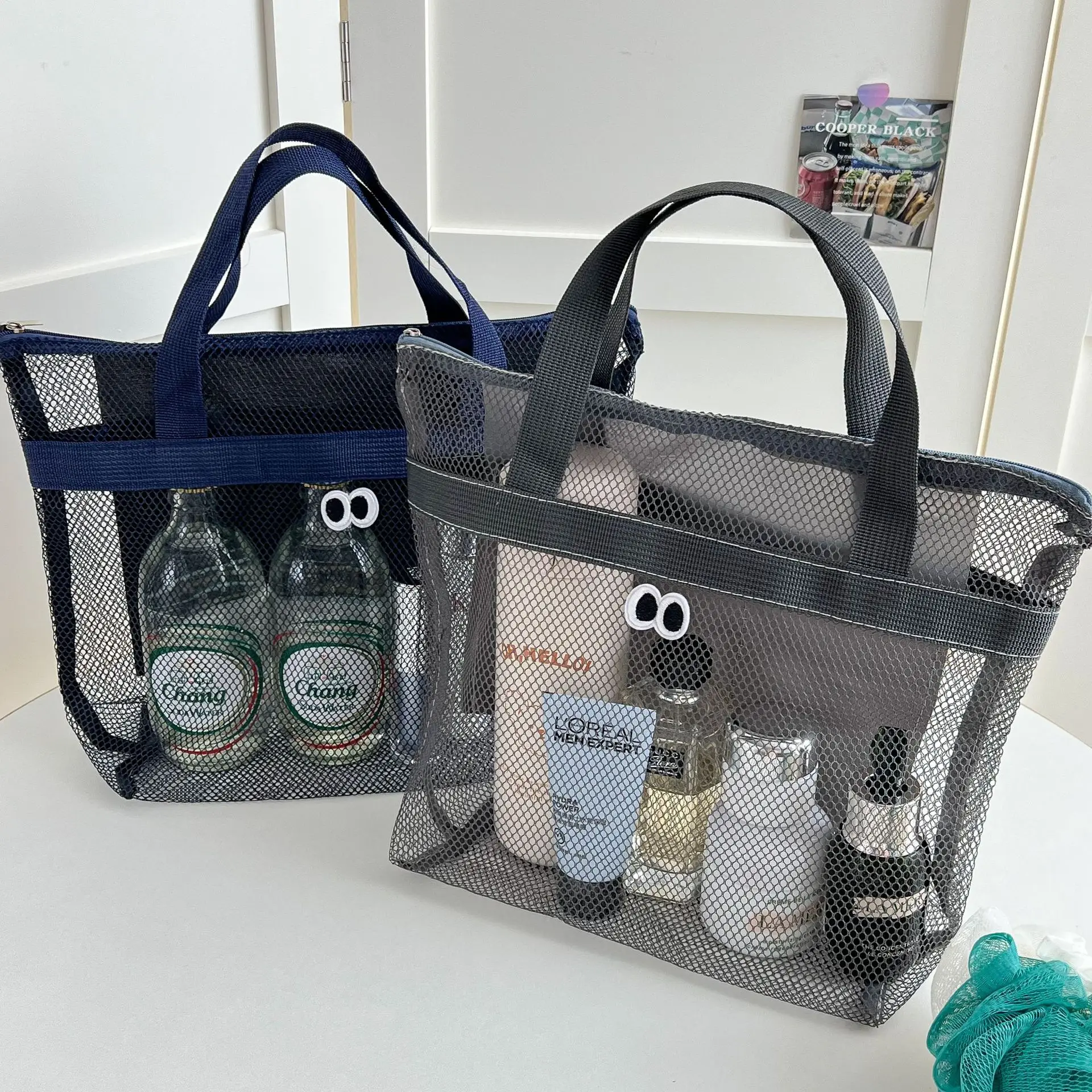 Borsa portaoggetti per trucco di grande capacità in rete borse da viaggio portatile borsa da spiaggia estiva impermeabile trasparente borsa per