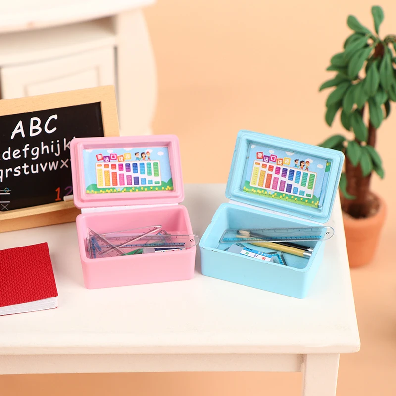 1Set 1:12 Dollhouse Miniature Stationery Pencil Case Pen Ruler Eraser Stationery Box Doll House Accessories Kid Pretend Play Toy