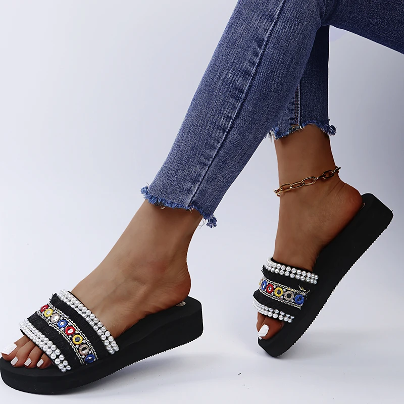 

Slippers Women Aztec Geometric Pattern Braided Platform Beach Slippers High Heels Wedges Sandals Shoes Thick Slides Slippers