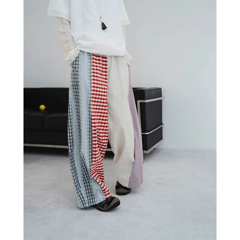原宿ワイドレッグパンツ女性ファッションチェック柄パッチワークパンツ夏の新ヴィンテージカジュアルストレート女性のズボン