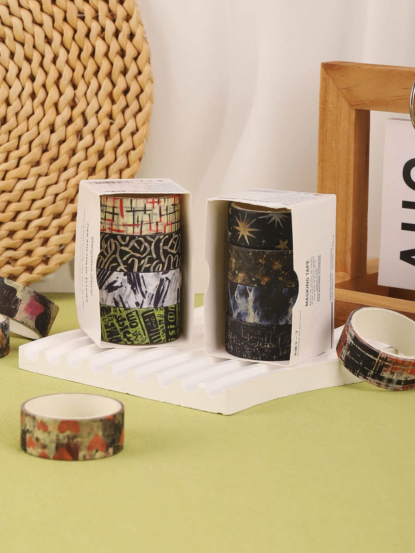 4 Rolls/Box Wide Washi Tape Set Coffee Galaxy Abstract Art Pattern Masking Tape for Journaling Scrapbooking Collage Planner