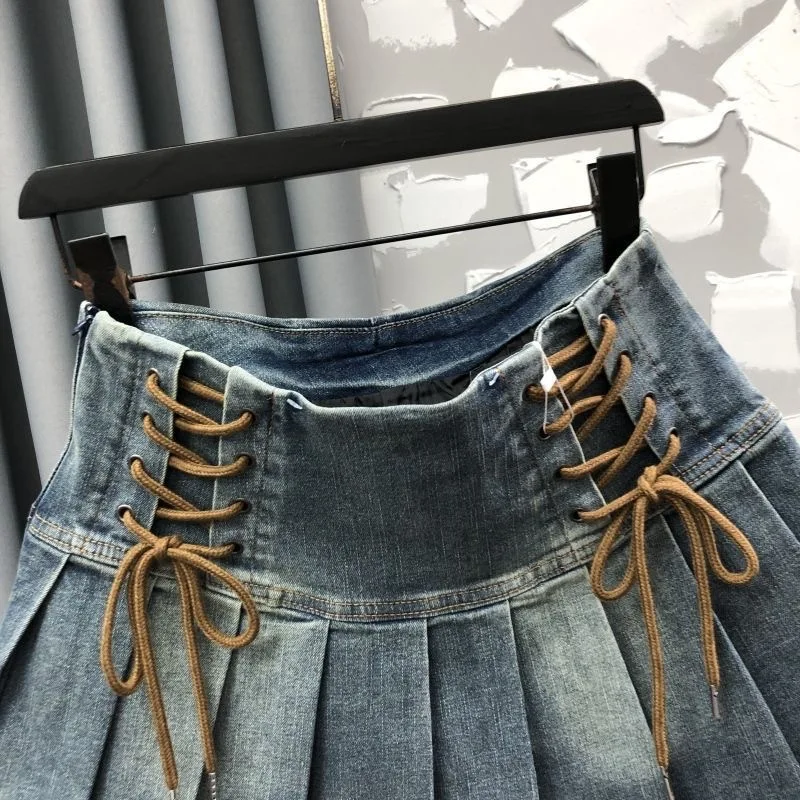 vintage baby girls pleated skirt jeans high waist denim short skirt autumn pleated bandage kids clothes cowboy 3 to 16 years