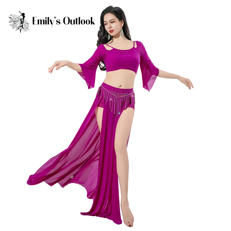 2025 Vrouwen Buikdanskostuum 2-delige set Lange mouw Top Sexy Zijsplit Lange Rok Strass Fringe Taille Oosterse outfit