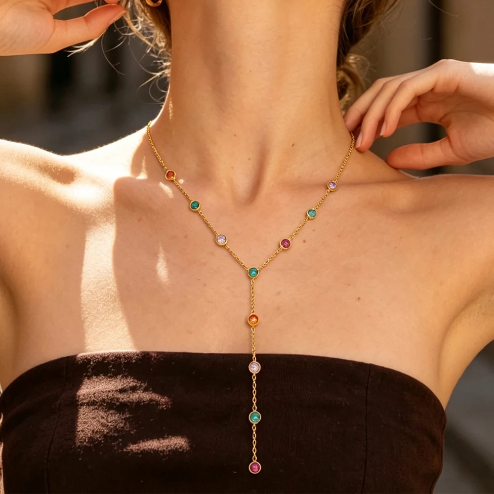 Sweet Y Shape Chain Colorful Zircon Necklace For Women 18K Gold PVD Plated Stainless Steel Necklace Party Jewelry