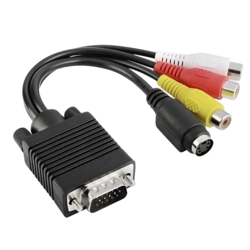 สายแปลงสัญญาณ VGA SVGA 15 พิน ตัวผู้ เป็น S-VIDEO 3 RCA แจ็ค สำหรับทีวี AV คุณภาพสูง