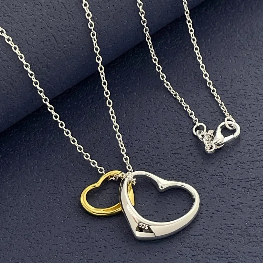 

925 Sterling Silver Two-Tone Love Pendant Necklace, 45 Cm, Women's Jewelry Couple Simple Luxury Banquet Wedding Birthday Gift