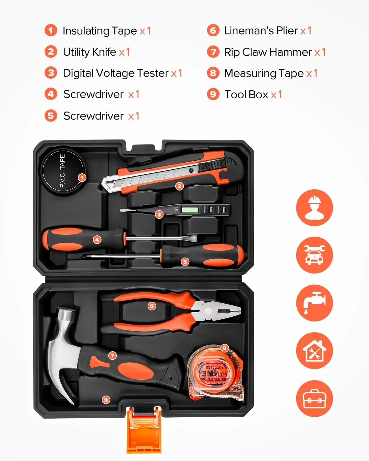 Kit de herramientas manuales de alta resistencia de 9 piezas de grado profesional con caja de almacenamiento para taller de garaje y proyectos al aire libre-005