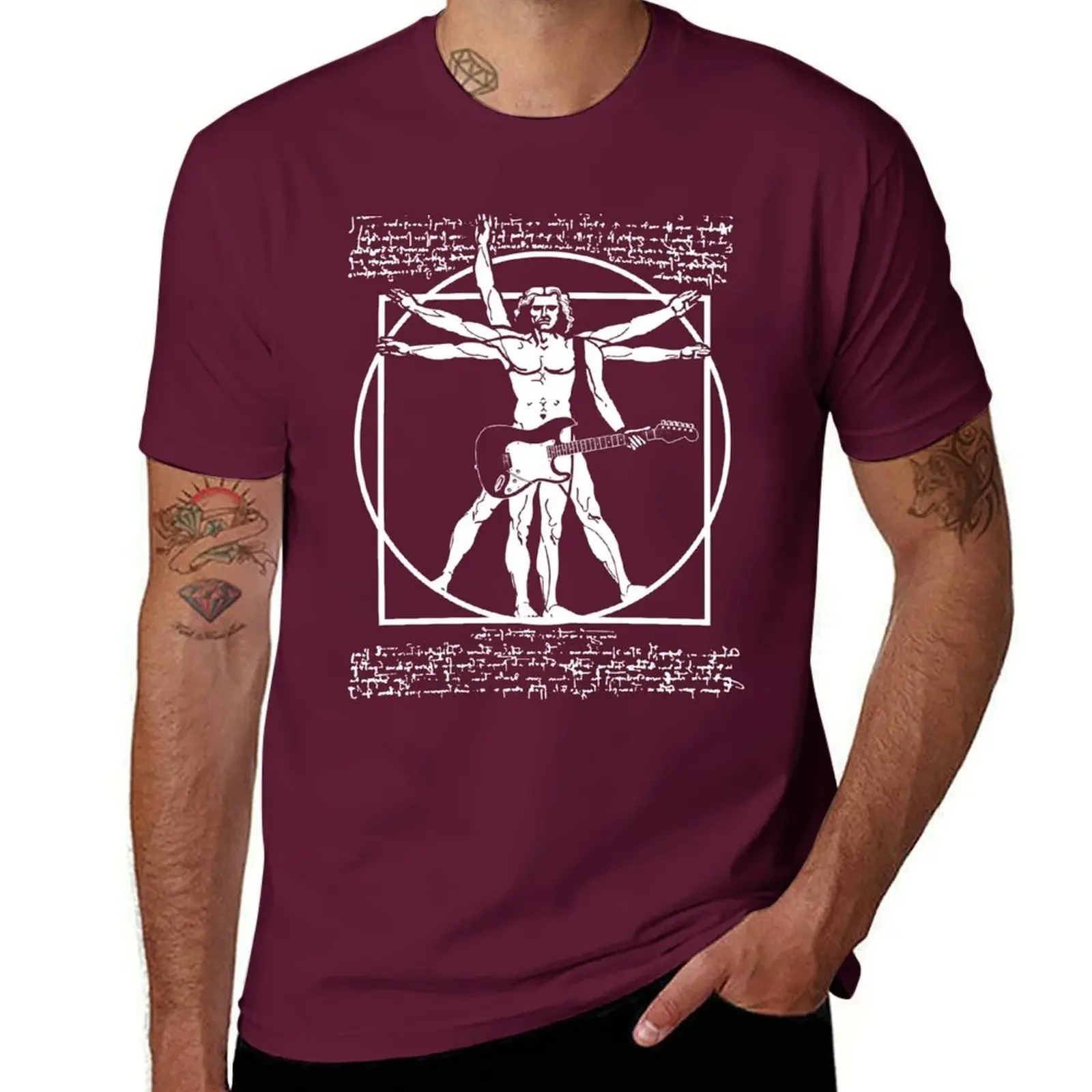 LEONARDO DA VINCI PARODY T-Shirt plain designer  VITRUVIAN MAN PLAYING THE GUITAR - DA VINCI GUITARIST  graphic t shirts