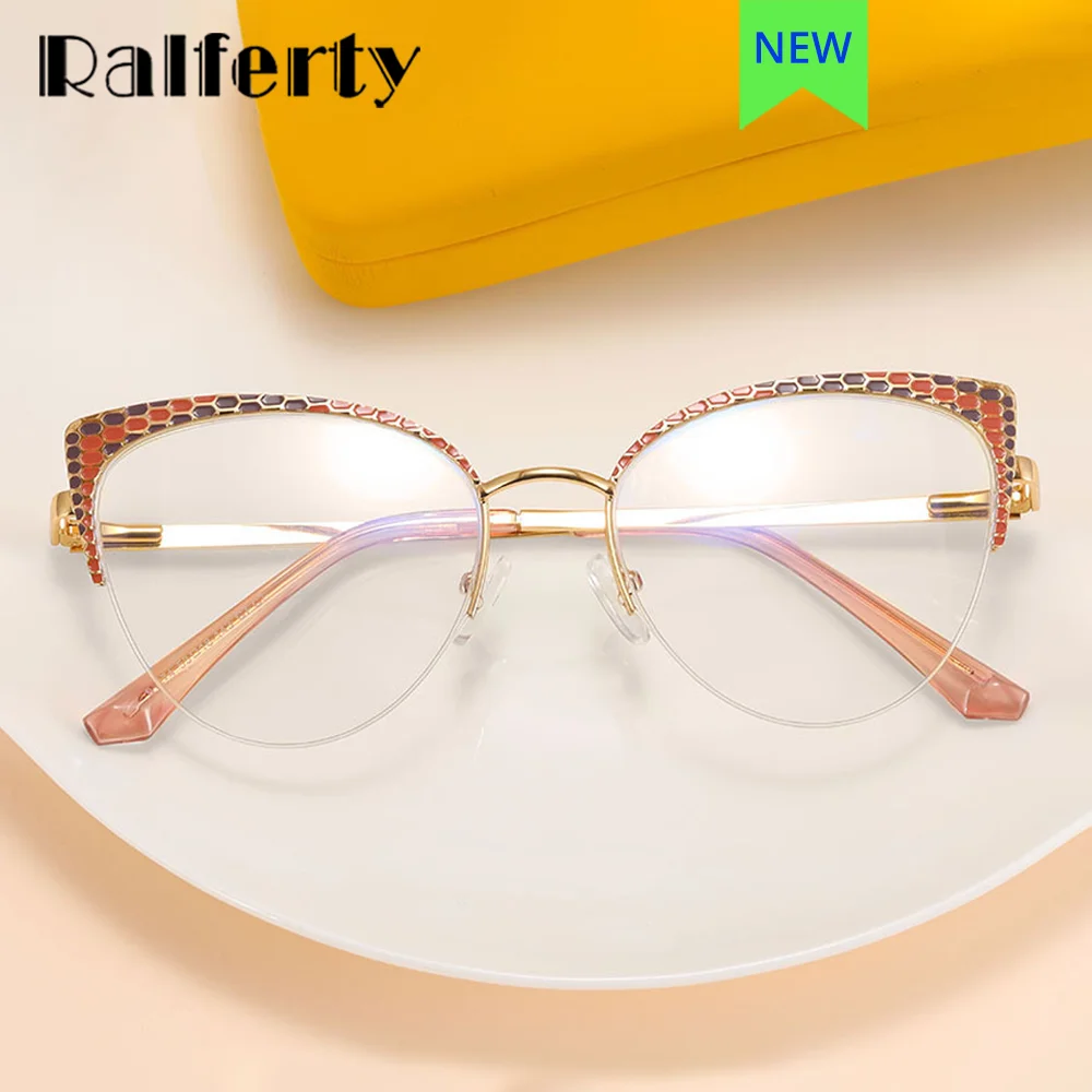 

Ralferty Fashion Cat Eye Glasses Women Brand Designer Anti Blue Light Glasses Ladies Metal Eyeglass Frame No Power Optic Frame