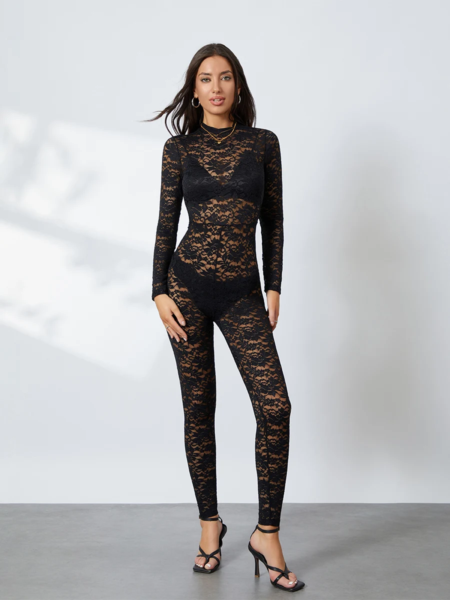 Women s Sexy Lace See Through Mesh Hollow Out Long Pants Bodycon Jumpsuit Rompers Clubwear