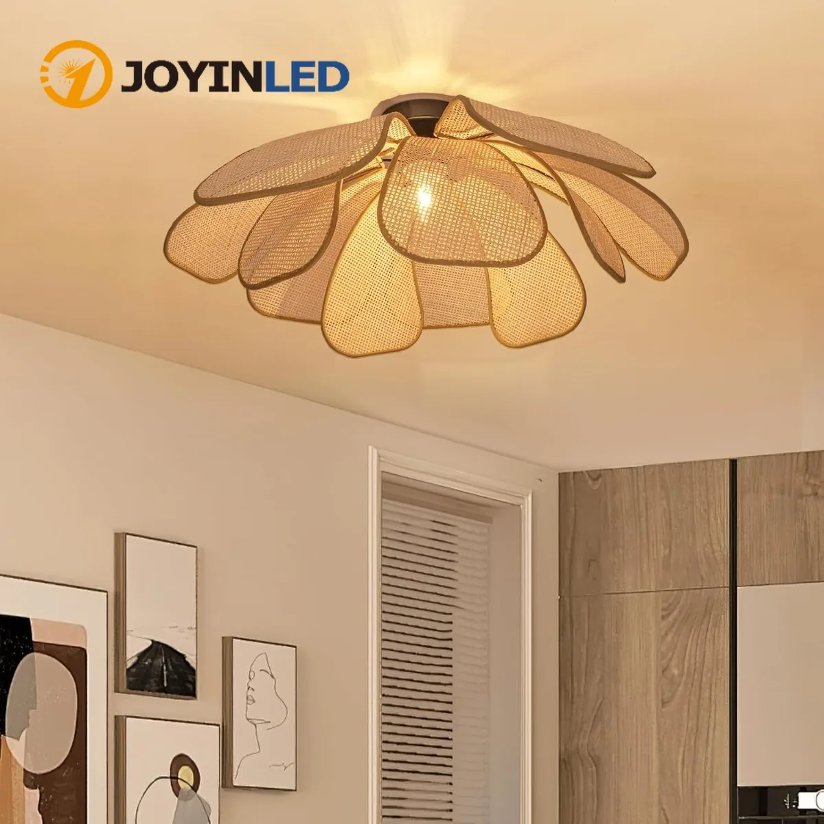 JOYINLED Hand-Woven Bamboo Ceiling Hanging Lamp, 50cm Modern Boho Rattan Pendant Light, E26/E27 Farmhouse Style Lighting Fixture