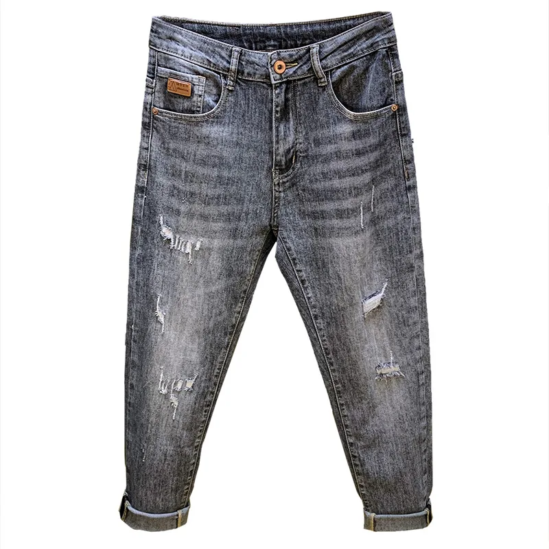 Scratched jeans men's summer trendy street fashion high-end retro washed elastic denim men's pants