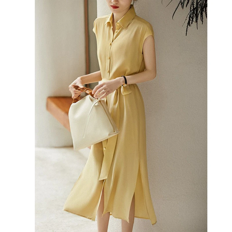 2022 Summer Lapel Women Single-breasted Shirt Dress Lace Up Korean Fashion Commuter Short Sleeve Office Lady Solid Midi Dresses