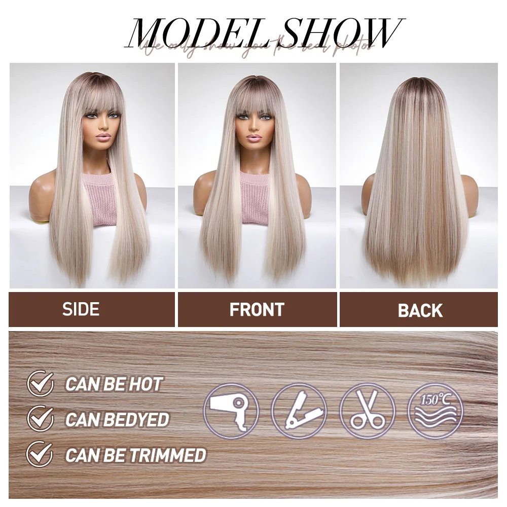 oneNonly Long Blonde Wig for Women Natural Wig with Bangs Synthetic Wigs High Quality Women Party Straight Hair