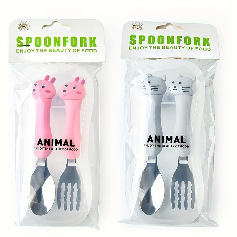 Baby Fork and Spoon Set with Storage Box,Cartoon Stainless Steel Non-Slip Cutlery Self Feeding Training Flatware Toddler Utensil