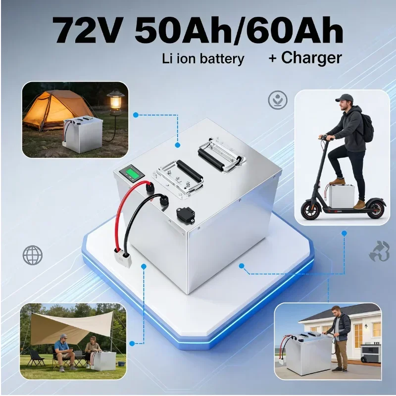 

High-Capacity Power: 72V 50Ah/60Ah lithium-ion battery, delivers stable output for 3000W–5000W high-power e-scooters, e-bikes,