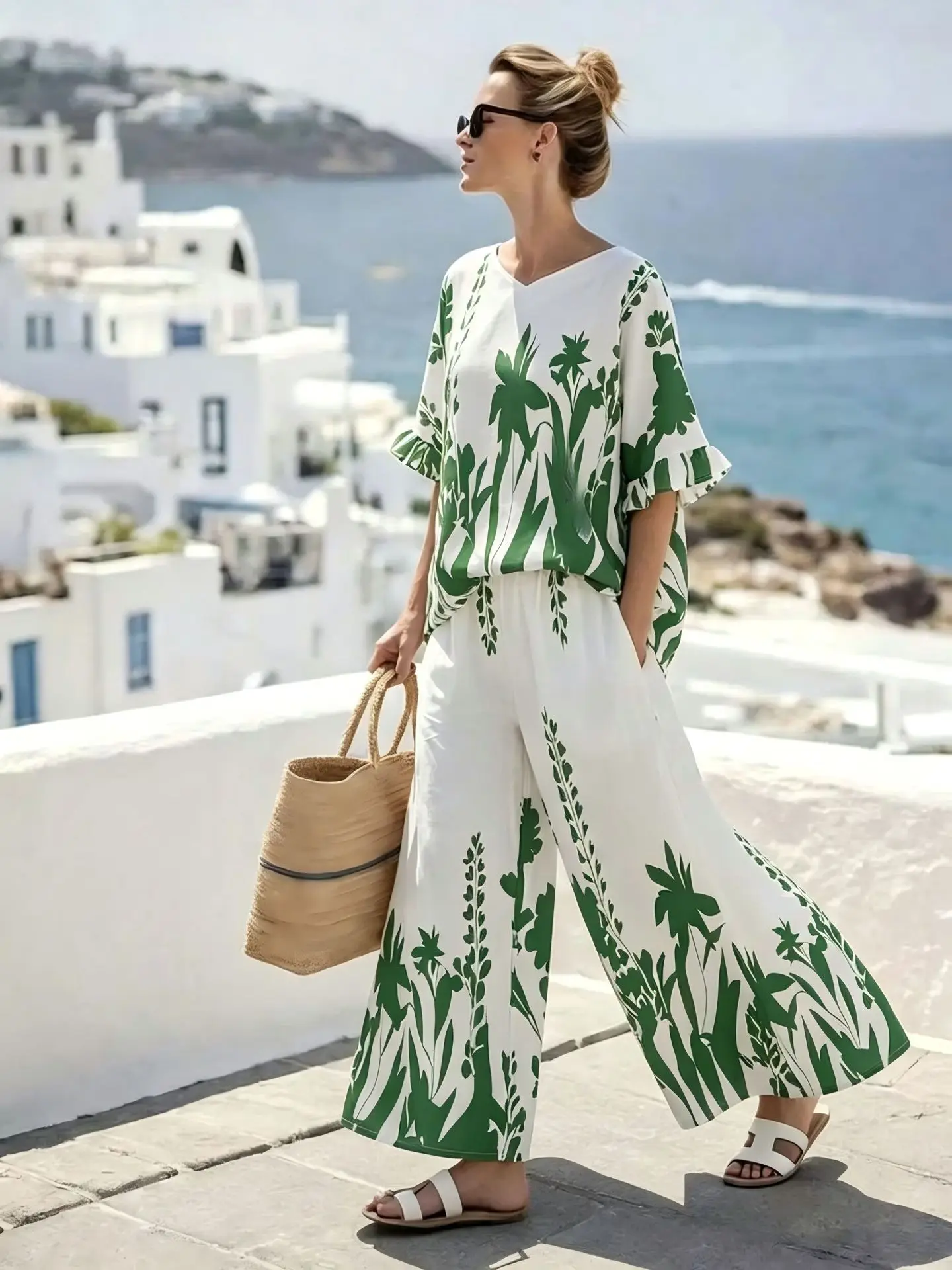 Women Floral Print Two Piece Set 3/4 Sleeve Top Wide Leg Pants Casual Vacation Matching Outfit