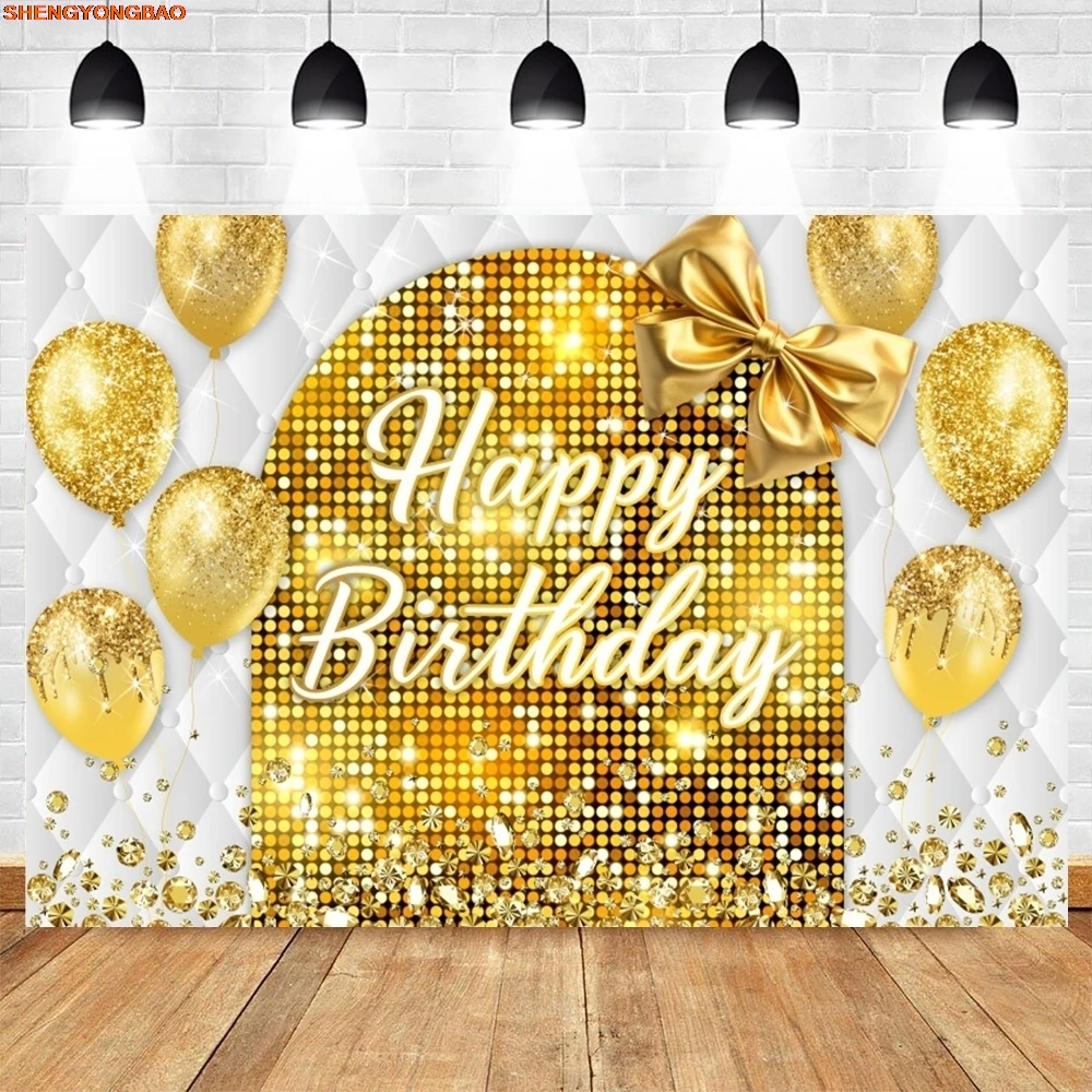 

Gold Silver Happy Birthday Backdrop Glitters Balloons Baby Kids Adult Birthday Custom Photography Background Banner Photo Studio