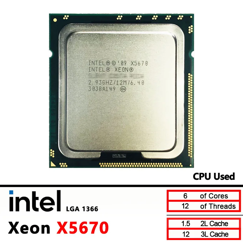 

Intel Xeon X5670 2,933 ГГц, используемый шестиядерный двенадцатипоточный процессор, 12 МБ, 95 Вт, LGA 1366
