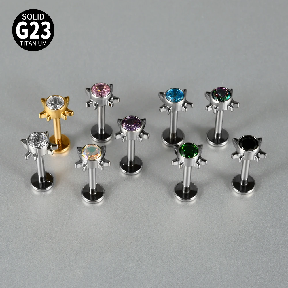 1PC G23 Solid Titanium Colorful Cat CZ Cartilage Earrings Stud 16G Internally Threaded Helix Ear Tragus Body Piercing Jewelry