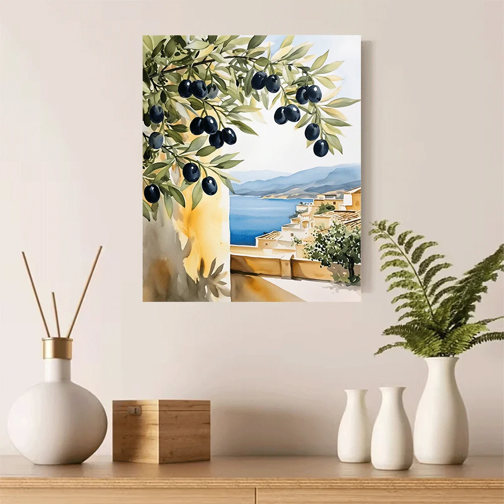 1PC-Canvas poster Unframed  Olive Tree Branch Coastal Village Sea View Art Print  summer