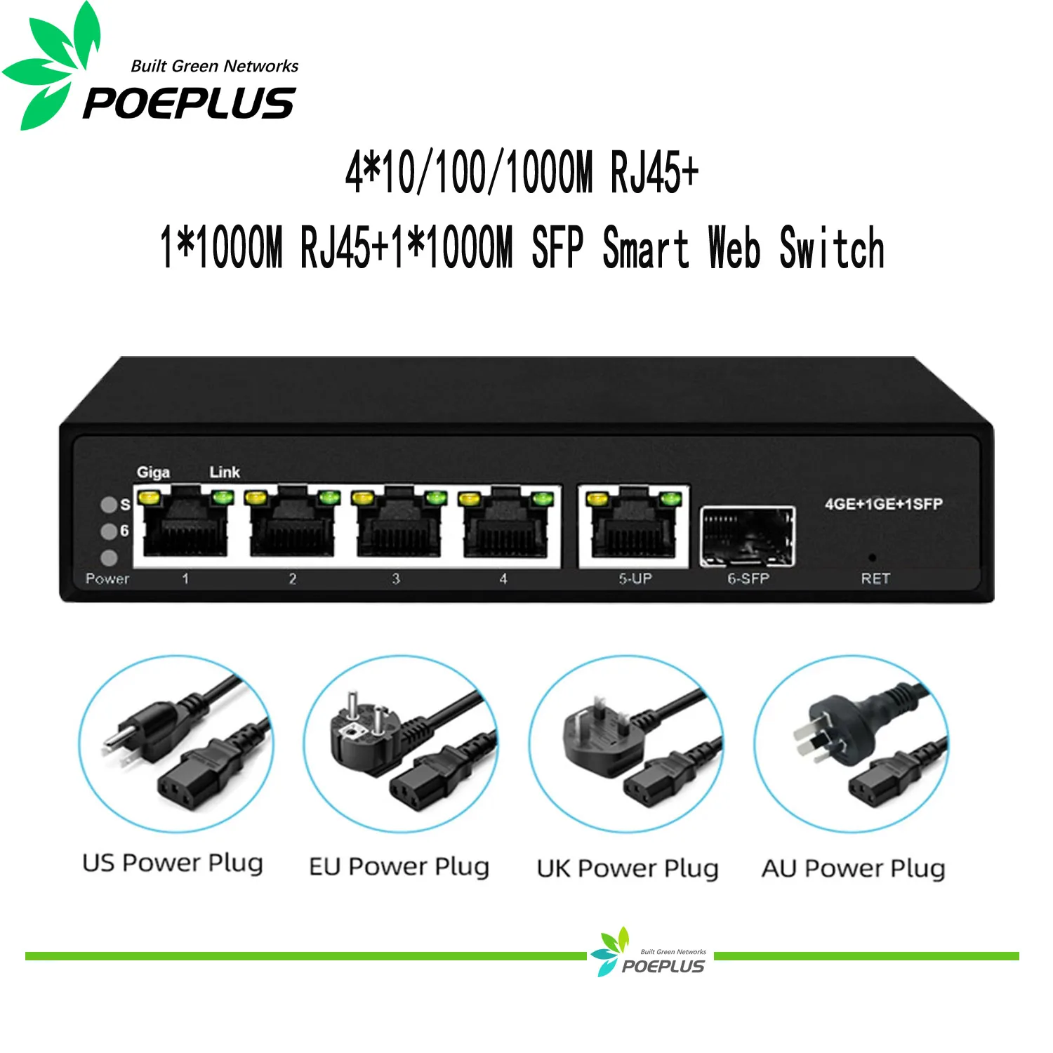 4 Ports Gigabit RJ45 Poe oder Non Lite Smart Switch mit 1gbe RJ45 1GBE SFP Uplink